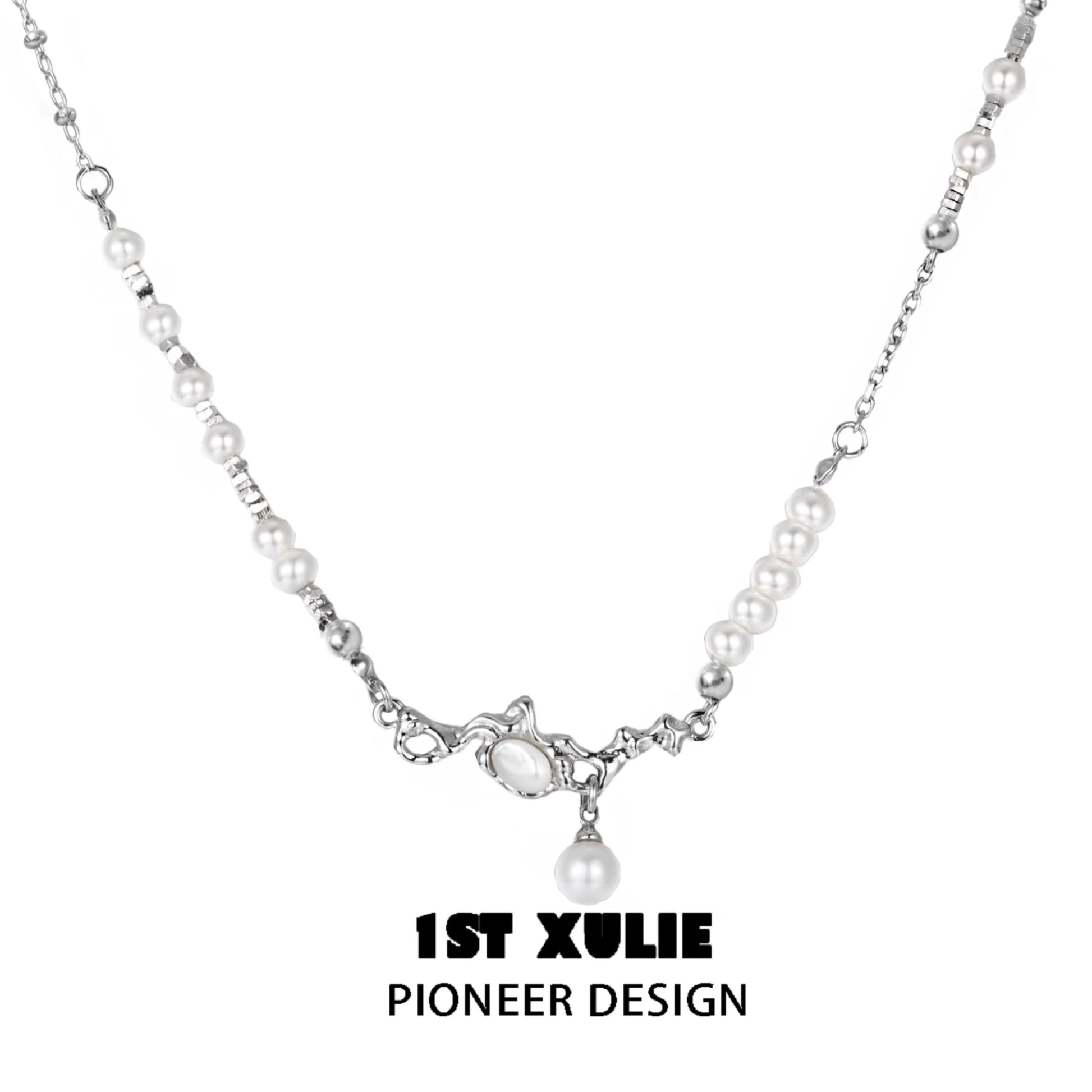 Crushed silver pearl necklace by 1ST XULIE featuring unique designs and elegant styling