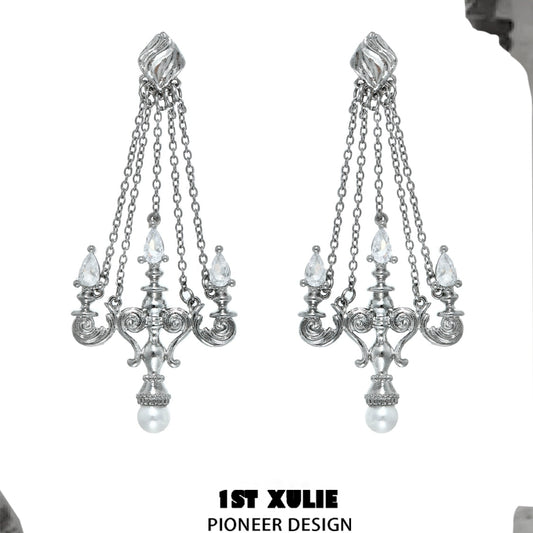 Elegant silver crystal lamp earrings with cascading chains and pearl accents for a stunning look