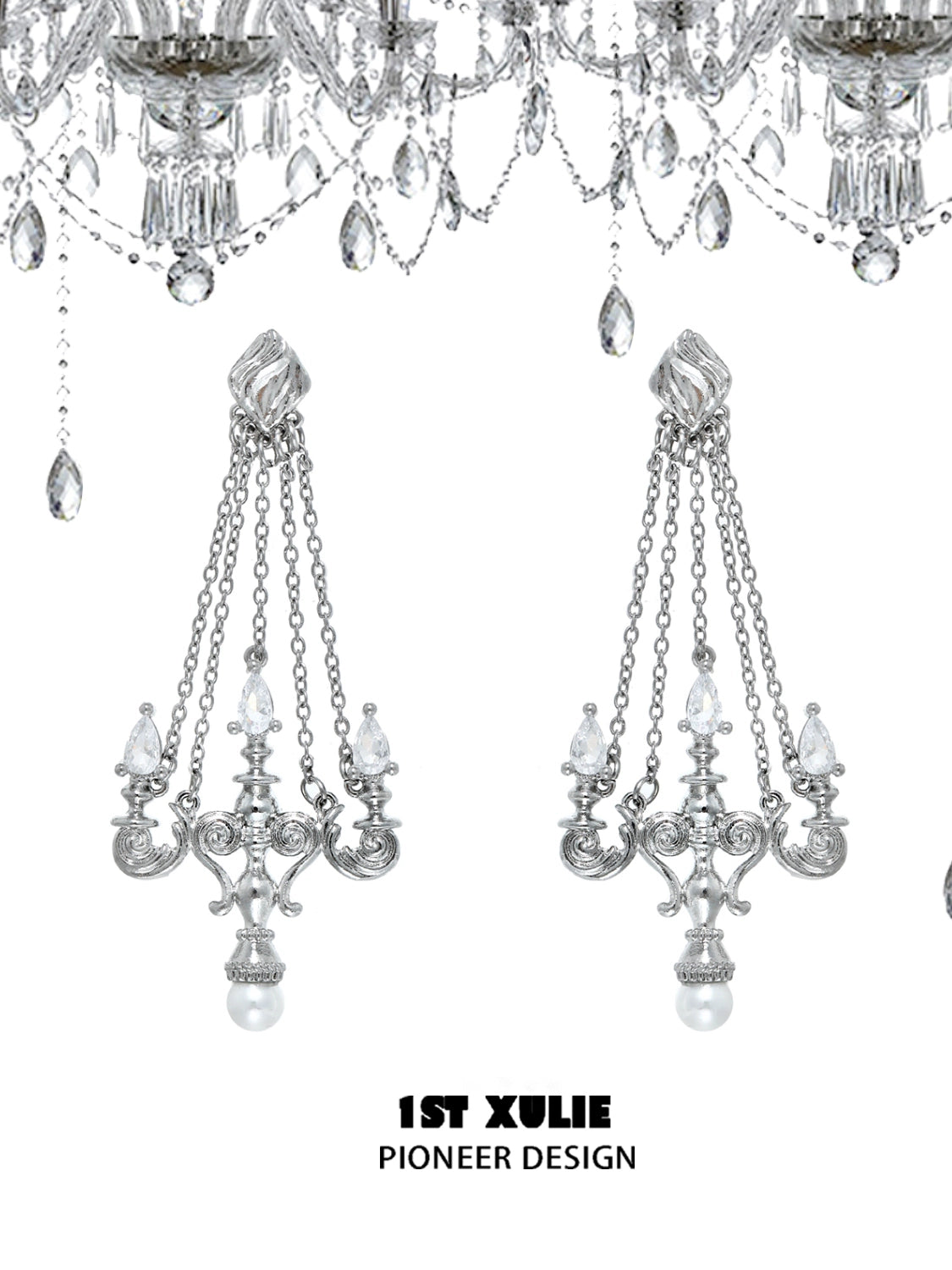 Elegant crystal lamp earrings with intricate designs and dangling chains from 1ST XULIE