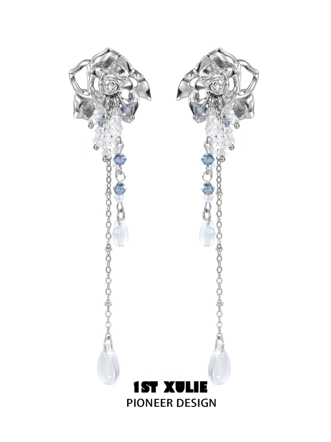 Elegant crystal rose tassel earrings featuring silver and blue accents for a stunning look