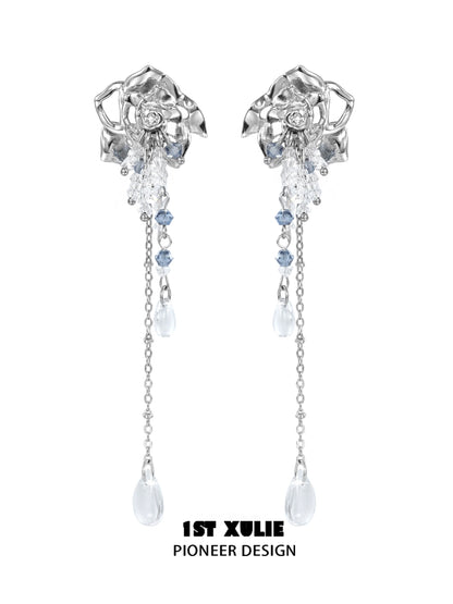 Elegant crystal rose tassel earrings featuring silver and blue accents for a stunning look