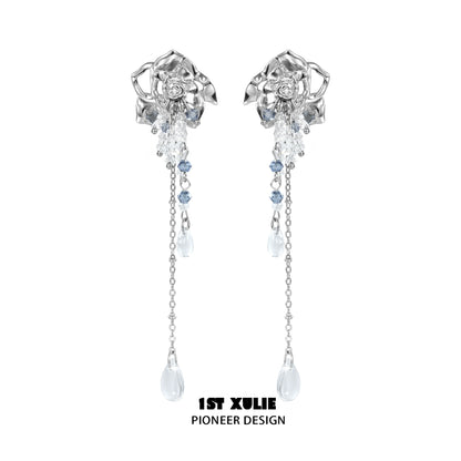 Elegant crystal rose tassel earrings with cascading gemstones and drops for a stunning look
