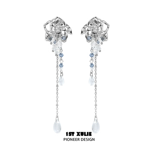 Elegant crystal rose tassel earrings with cascading gemstones and drops for a stunning look
