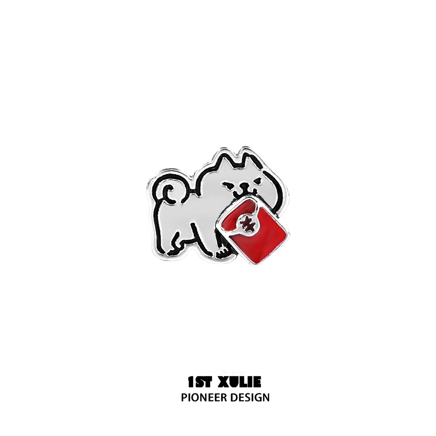 Cute puppy ear studs featuring a playful dog holding a red item for animal lovers
