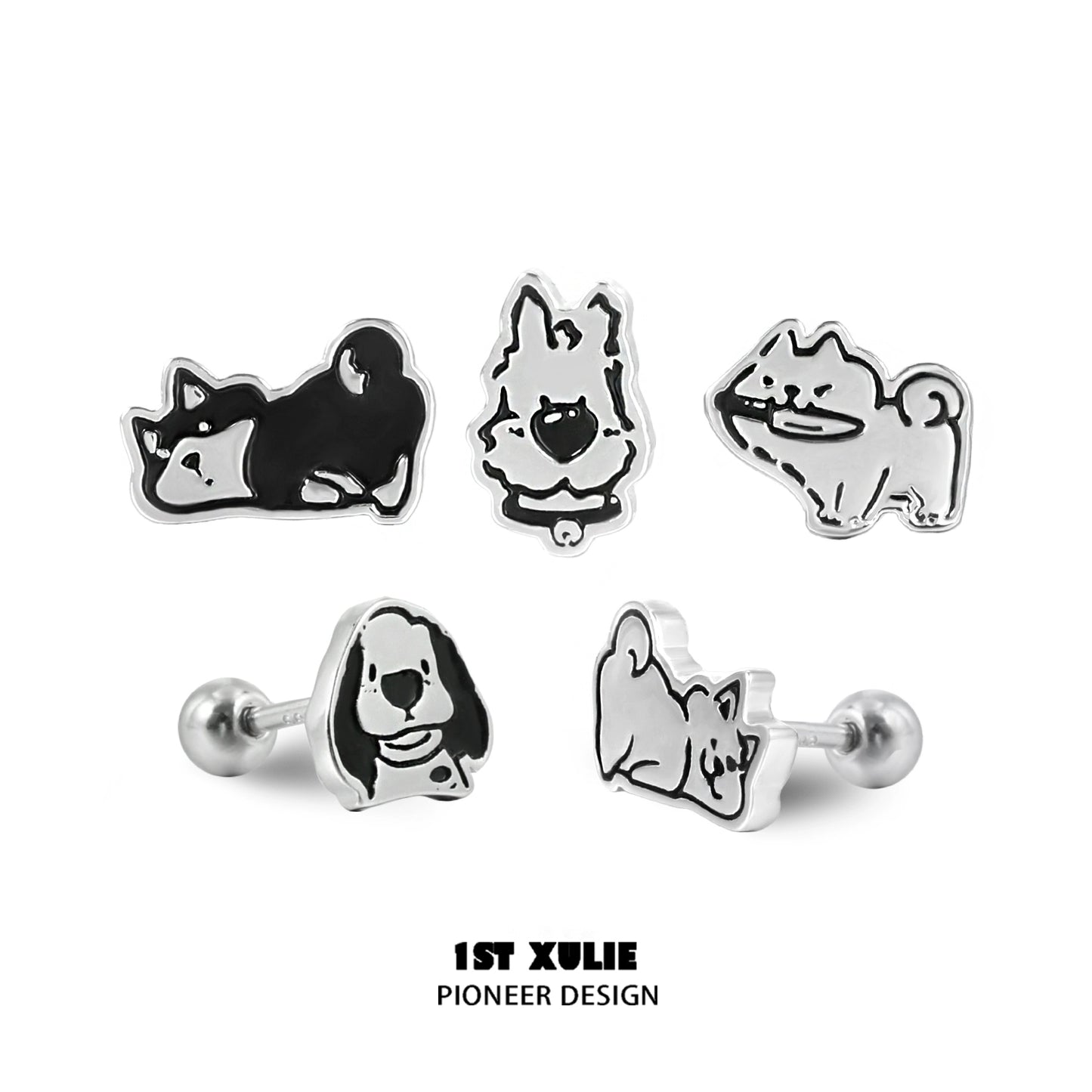 Cute puppy earrings featuring playful dog designs in black and white for animal lovers
