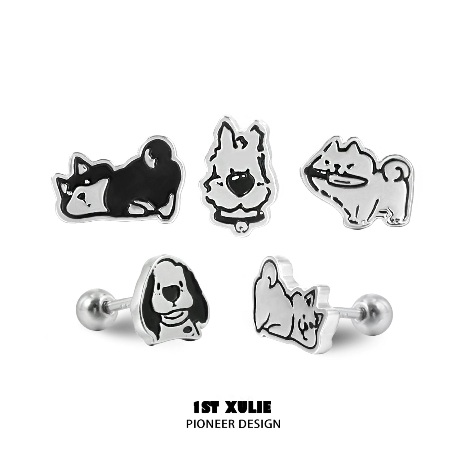 Cute puppy earrings featuring playful dog designs in black and white for animal lovers