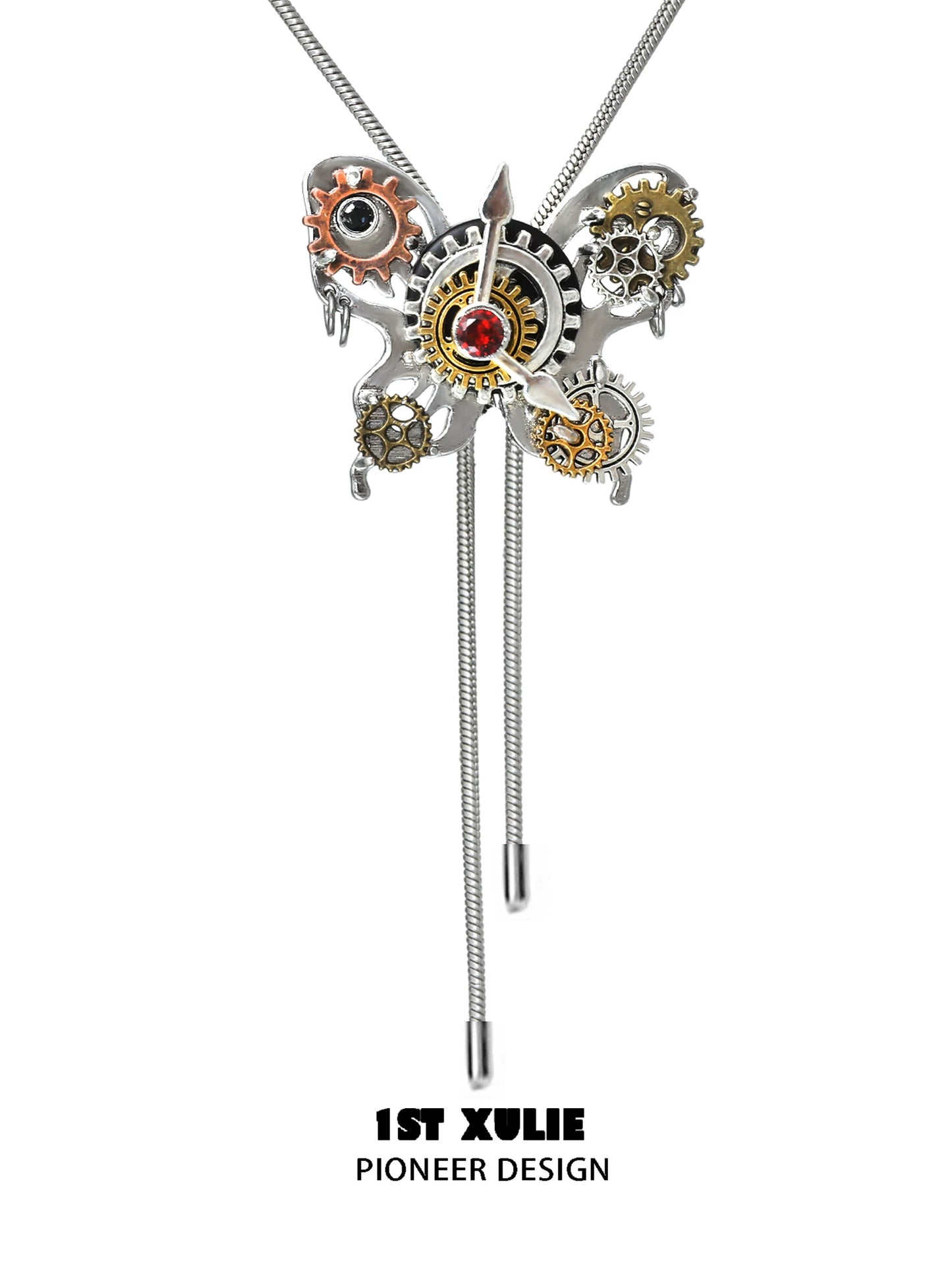 1ST XULIE Cyber Butterfly Necklace with Steampunk Gears and Red Accent Gemstone