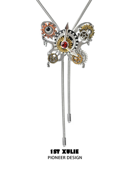1ST XULIE Cyber Butterfly Necklace with Steampunk Gears and Red Accent Gemstone