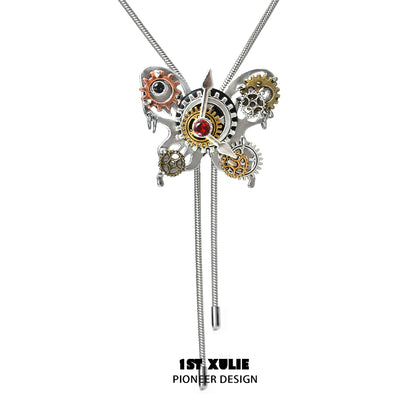 Stylish cyber butterfly necklace with intricate gears and a striking red gem detail