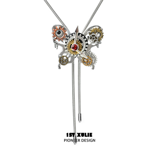 Stylish cyber butterfly necklace with intricate gears and a striking red gem detail