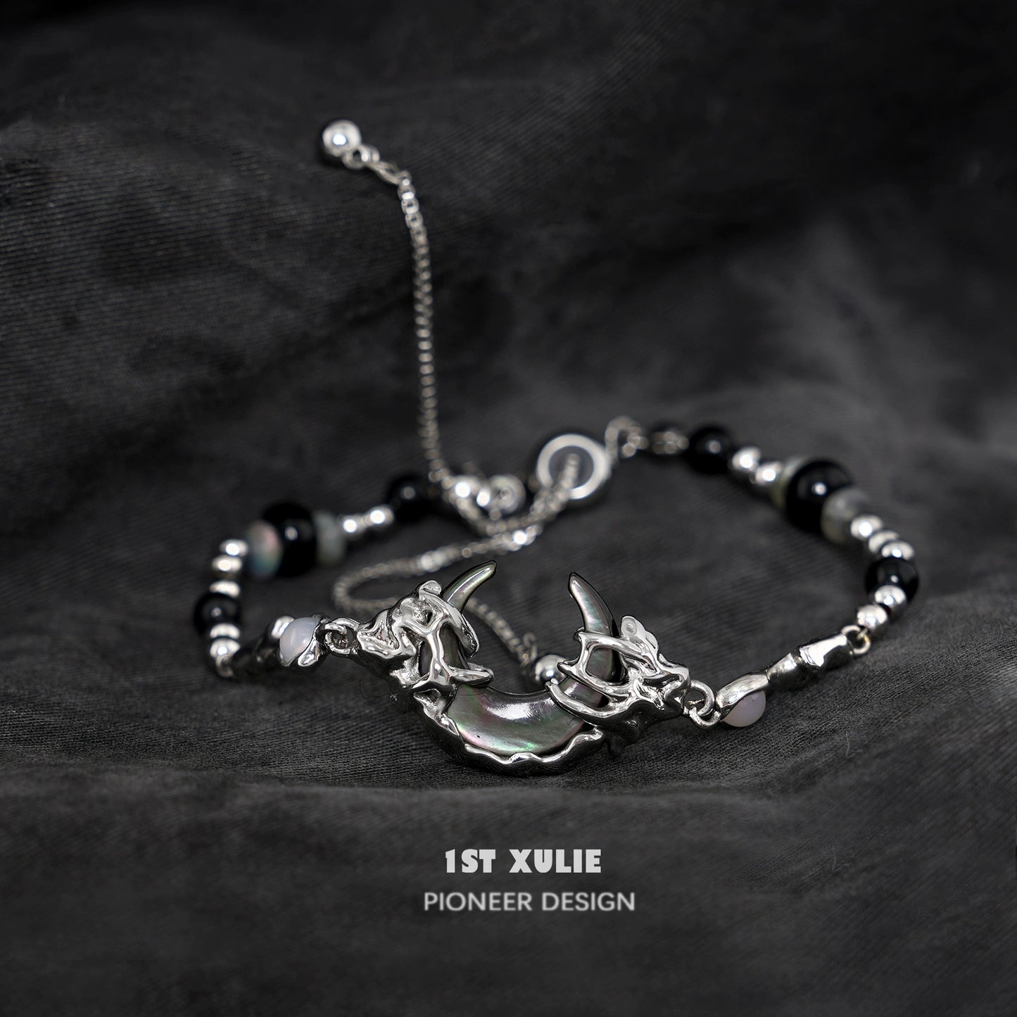 1ST XULIE Dark Moon Agate Bracelet with Unique Silver Accents and Adjustable Closure