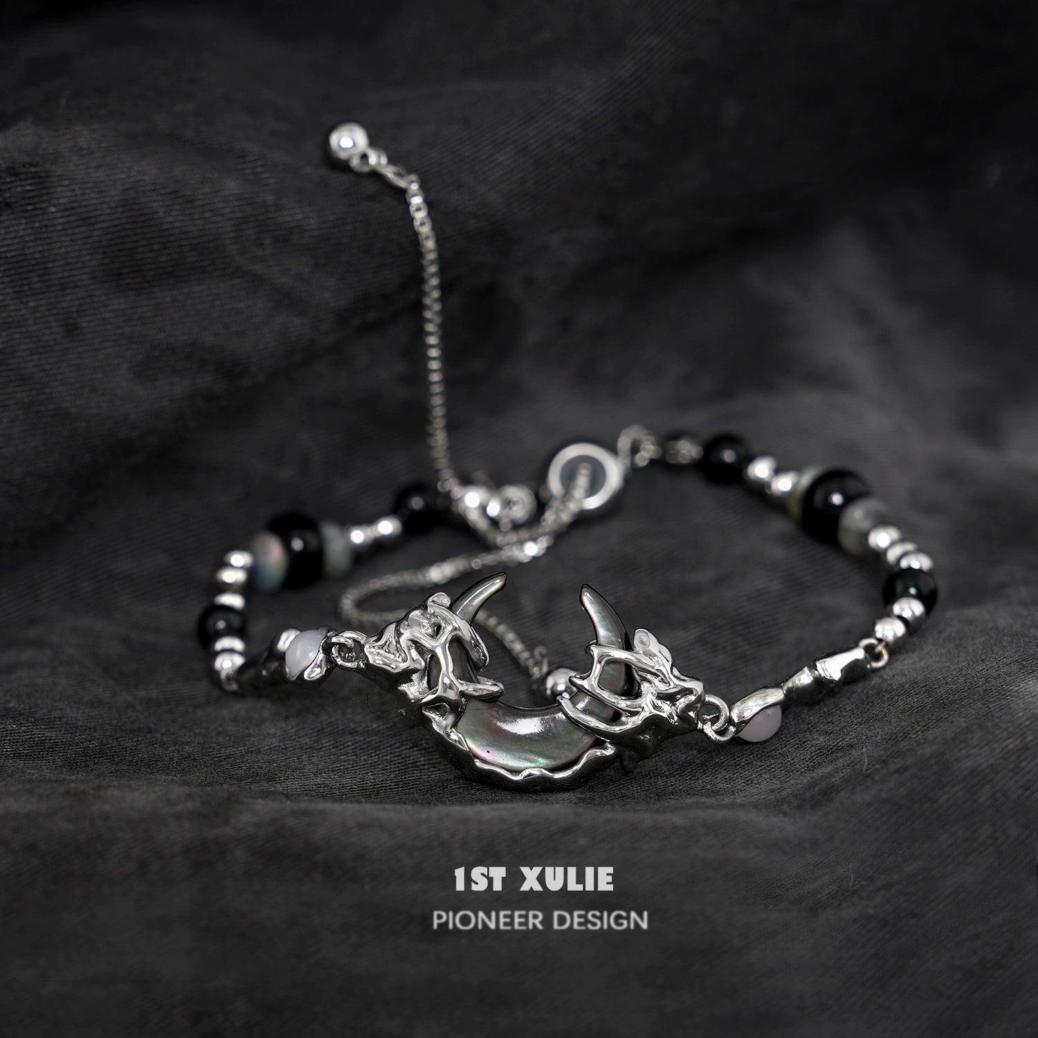 1ST XULIE Dark Moon Agate Bracelet with Unique Silver Accents and Adjustable Closure