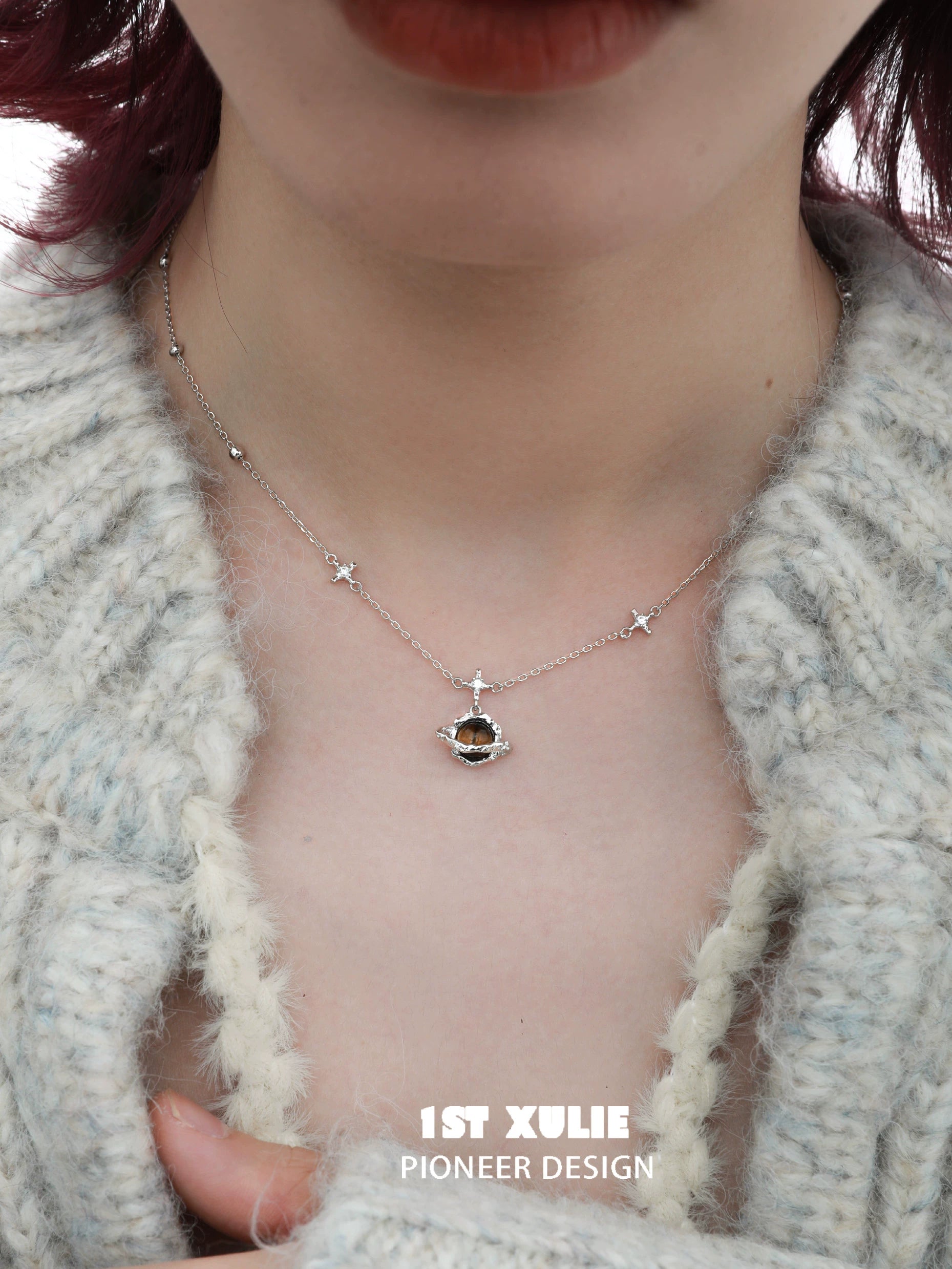 1STXULIE desert planet necklace with star accents and a unique gemstone centerpiece