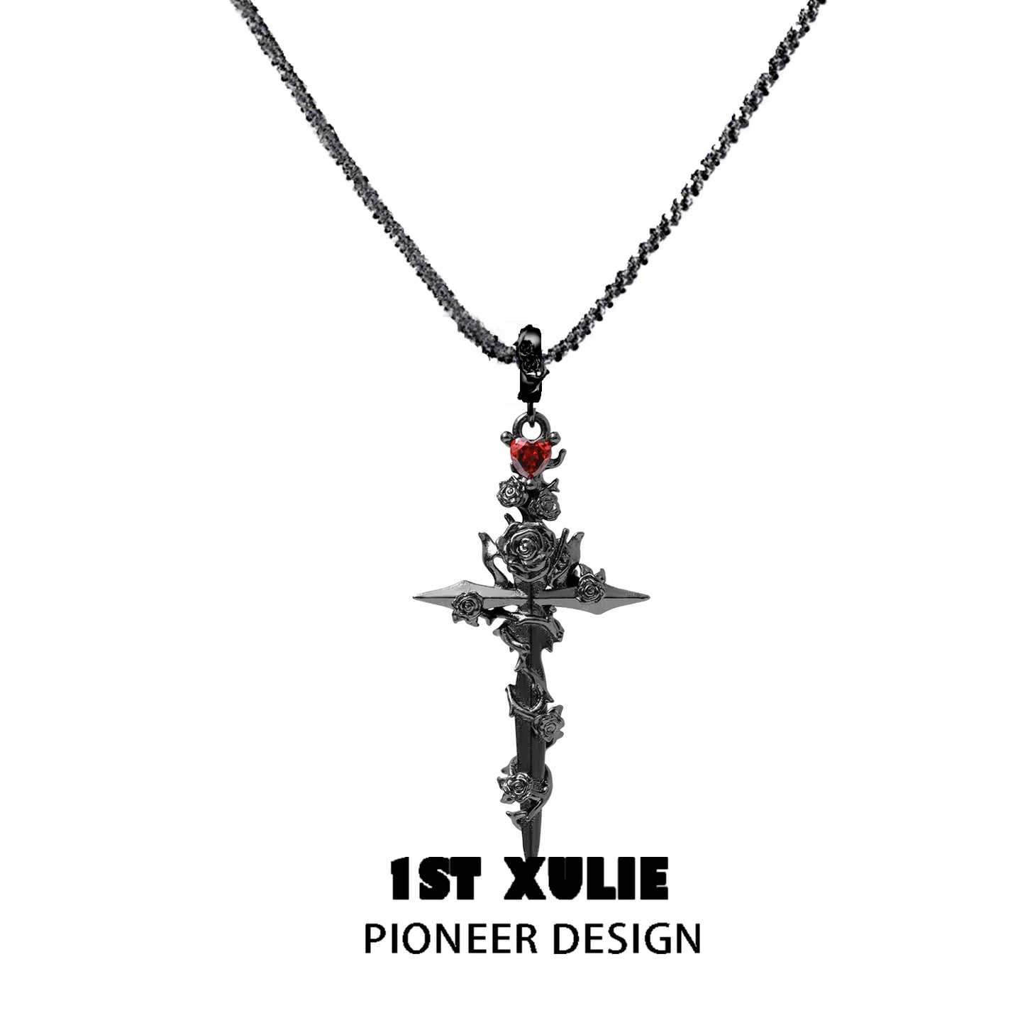 1ST XULIE Diablo Rose Cross Necklace featuring a gothic design with red accents and intricate details