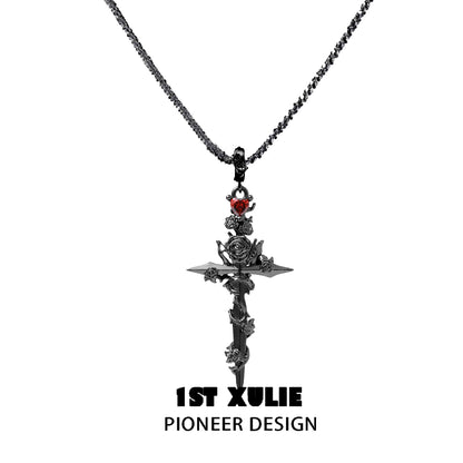 1ST XULIE Diablo Rose Cross Necklace featuring a gothic design with red accents and intricate details