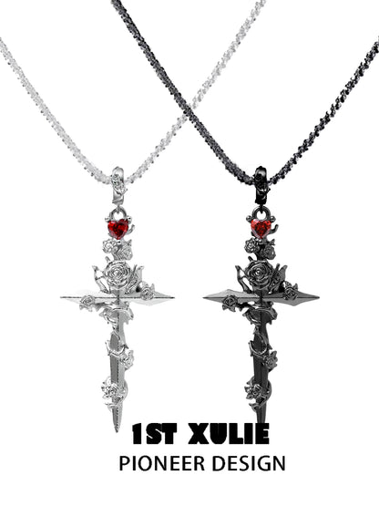 1ST XULIE Diablo Rose Cross Necklace in Silver and Black with Red Heart Details