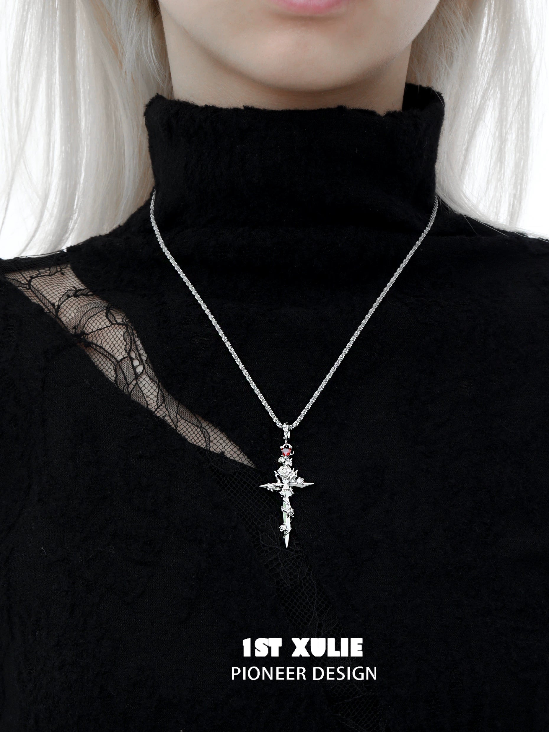 Model wearing a 1ST XULIE Diablo Rose Cross Necklace with elegant design featuring a floral cross pendant