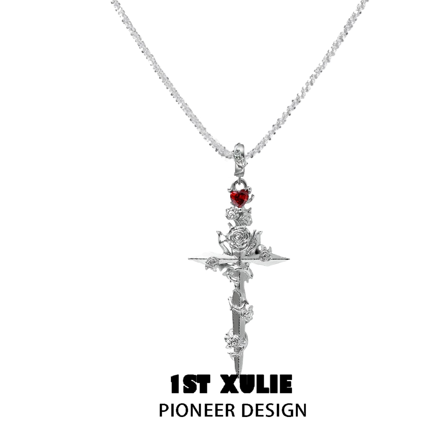 1STXULIE Diablo Rose Cross Necklace with Silver Tone and Red Gem for Stylish Looks