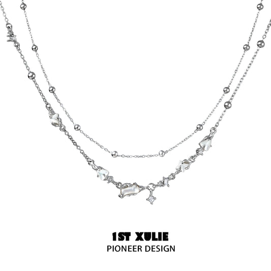 1STXULIE Double Layer Moon Necklace with Elegant Silver Chains and Star Accents