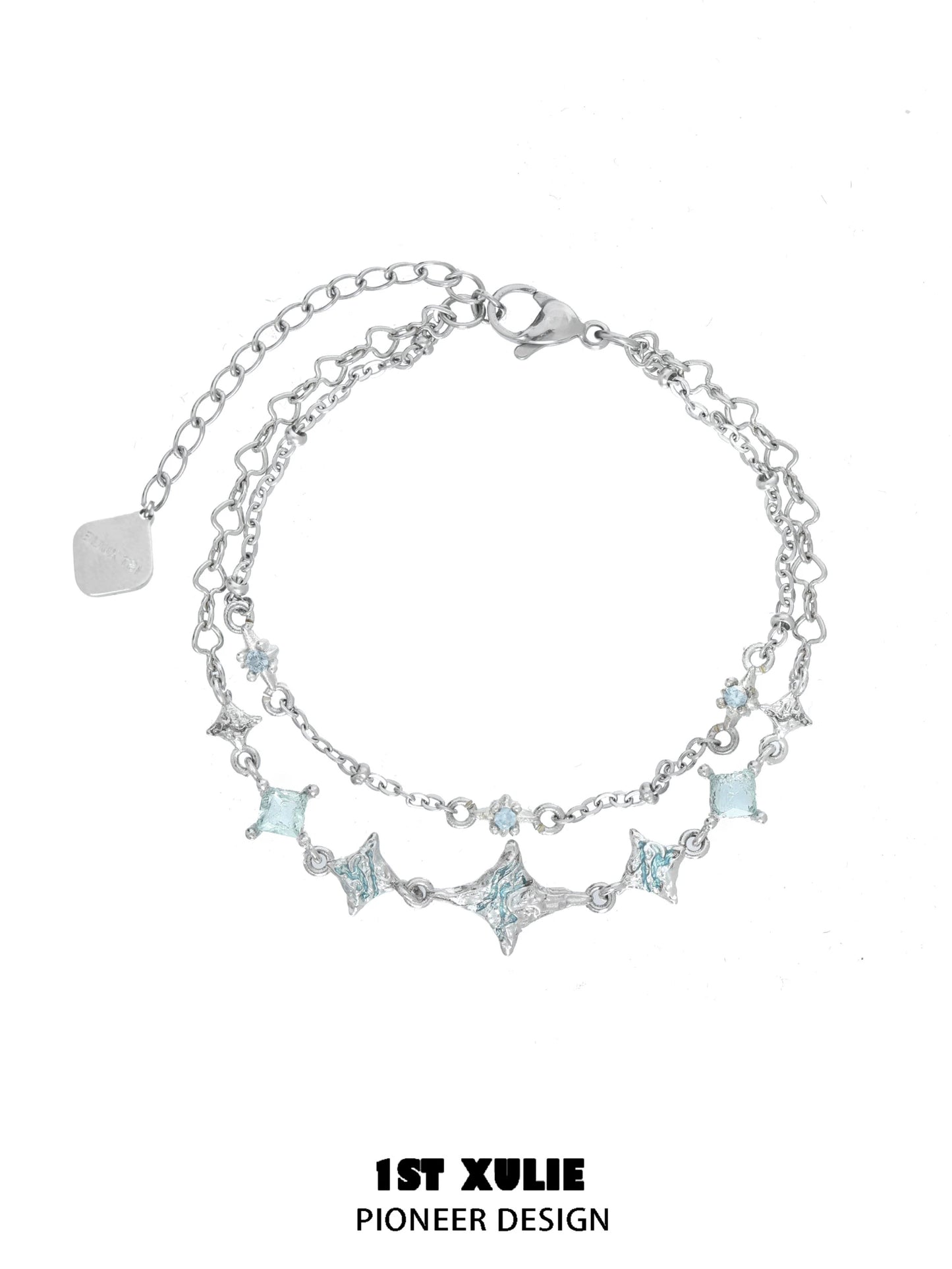 Elegant double layer starfish silver bracelet featuring sparkling star and gem accents