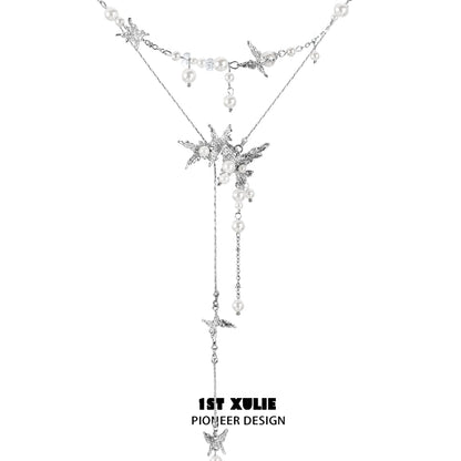 1STXULIE dream wings pearl necklace featuring silver star design and elegant pearl accents