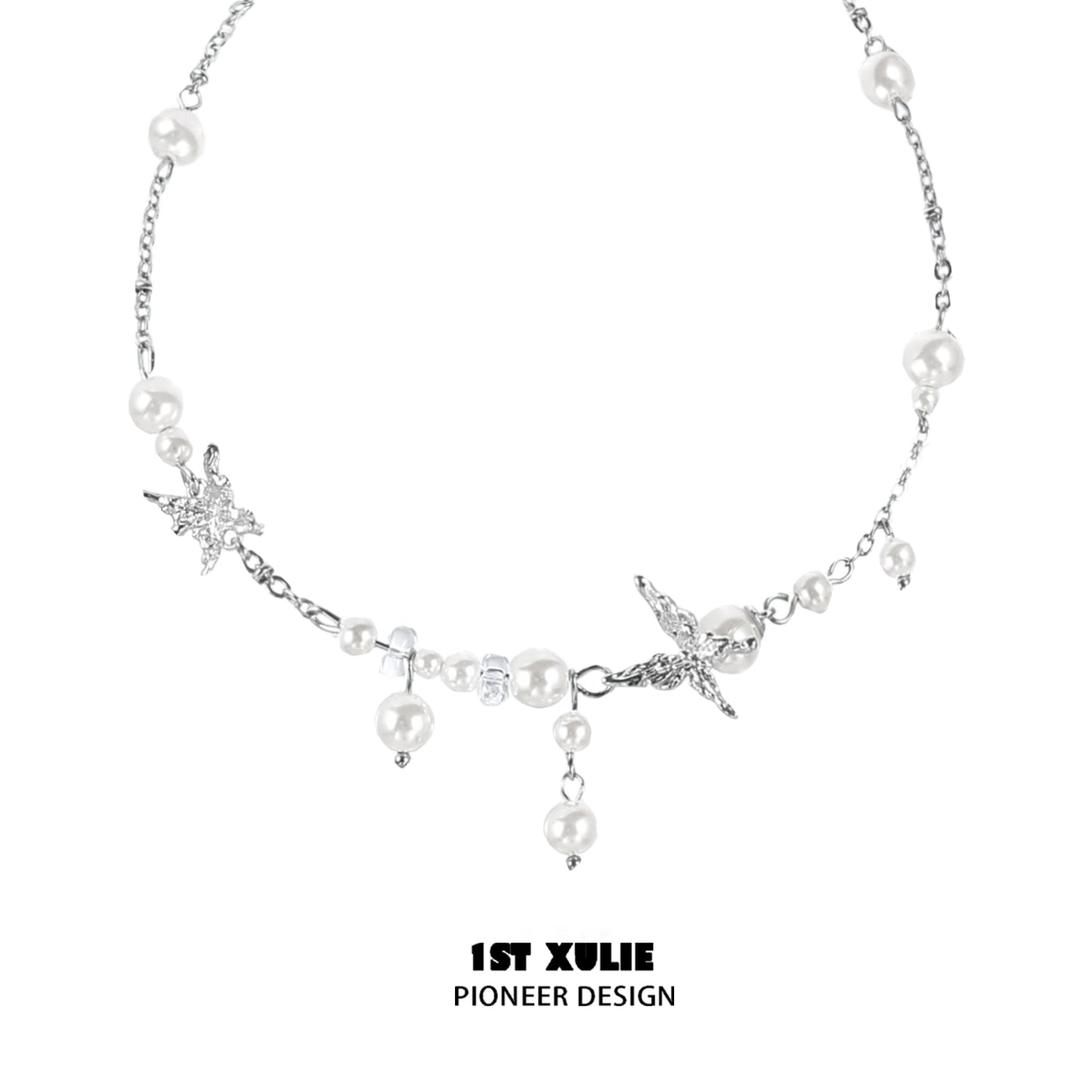 1STXULIE dream wings pearl necklace featuring elegant pearls and starfish charms