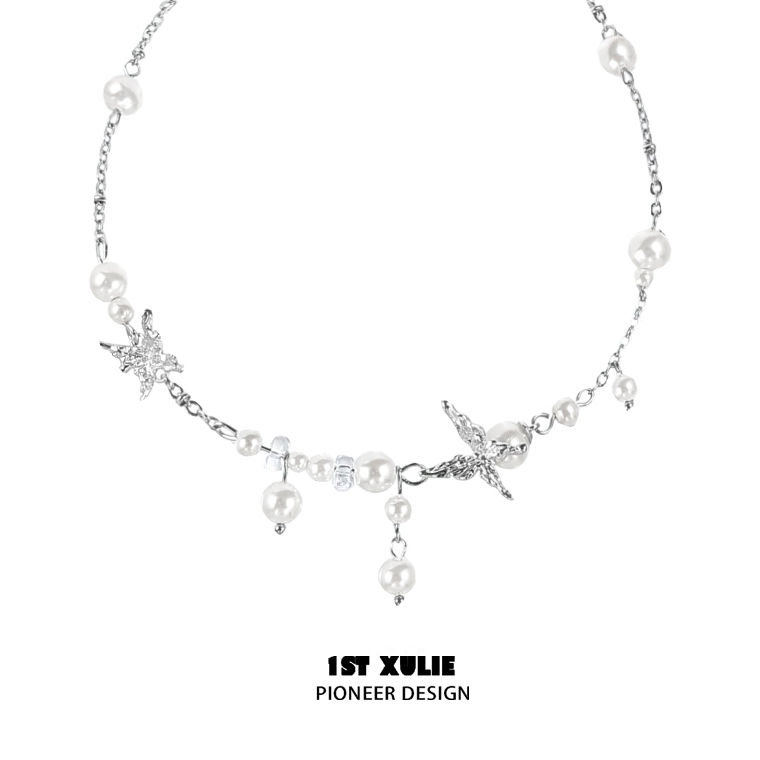 1STXULIE dream wings pearl necklace featuring elegant pearls and starfish charms