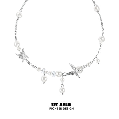 1STXULIE dream wings pearl necklace featuring elegant pearls and starfish charms