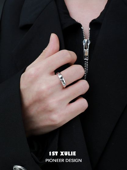 Stylish 1ST XULIE eroded earth couple rings in silver worn on a hand for modern couples