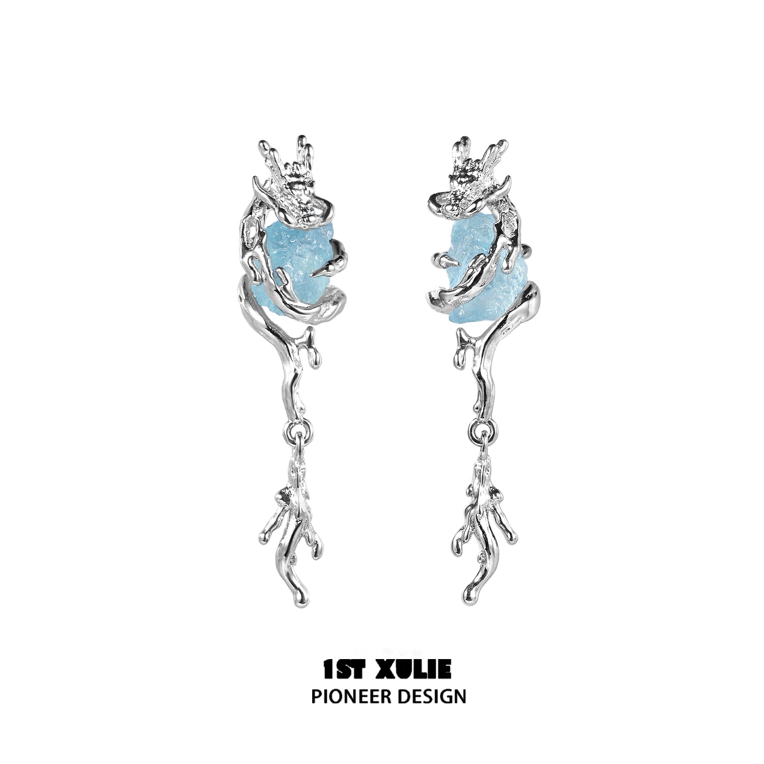 Fantasy dragon earrings featuring a silver design with blue accent stones for a magical look