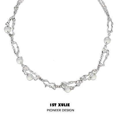 1STXULIE Frost Goddess Beaded Necklace with Unique Silver Chain Design