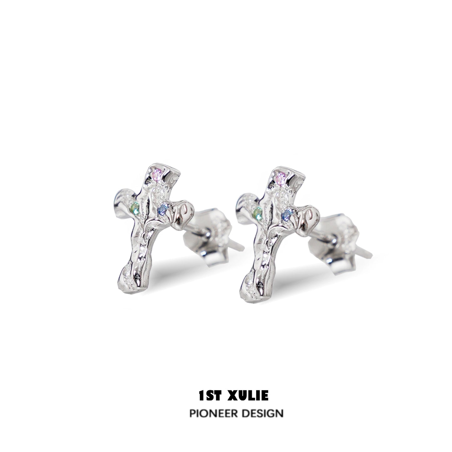 1ST XULIE Frozen Cross Zircon Earrings with Sparkling Detail in Silver Tone