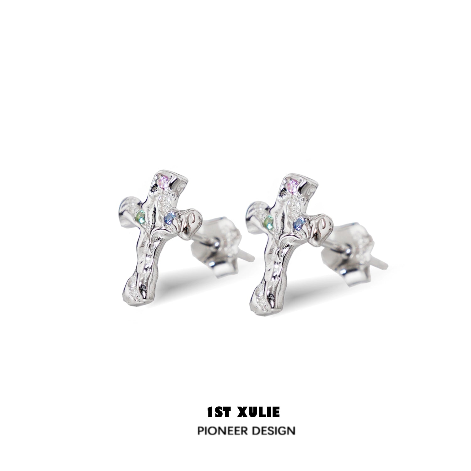 1ST XULIE Frozen Cross Zircon Earrings with Sparkling Detail in Silver Tone