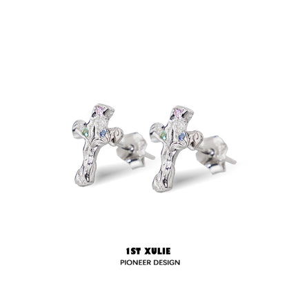 1ST XULIE Frozen Cross Zircon Earrings with Sparkling Detail in Silver Tone