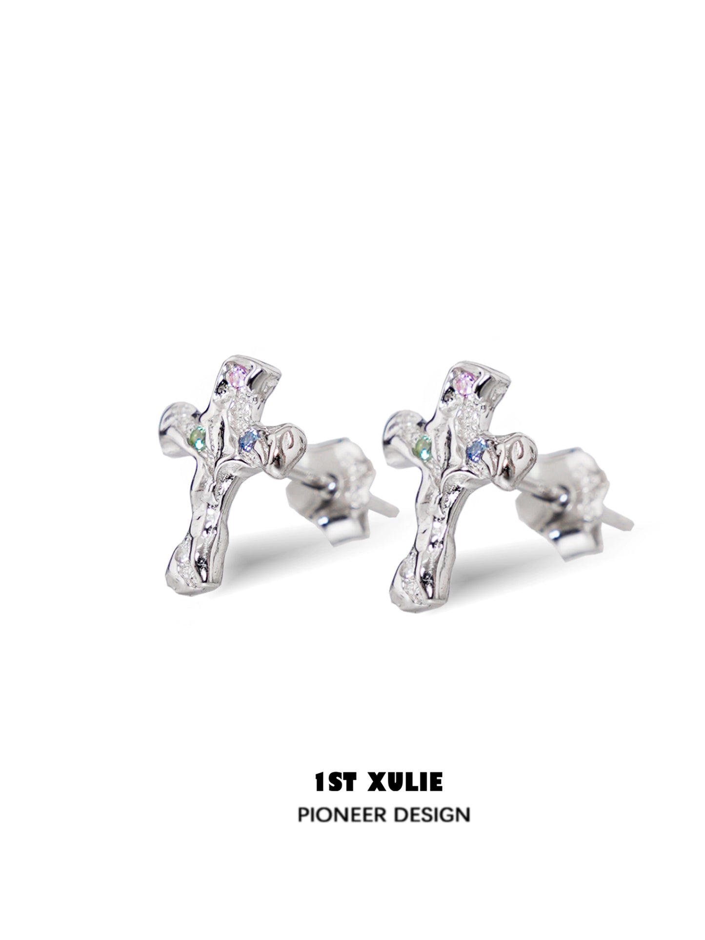 1STXULIE Frozen Cross Zircon Earrings in Silver with Colorful Sparkling Gems