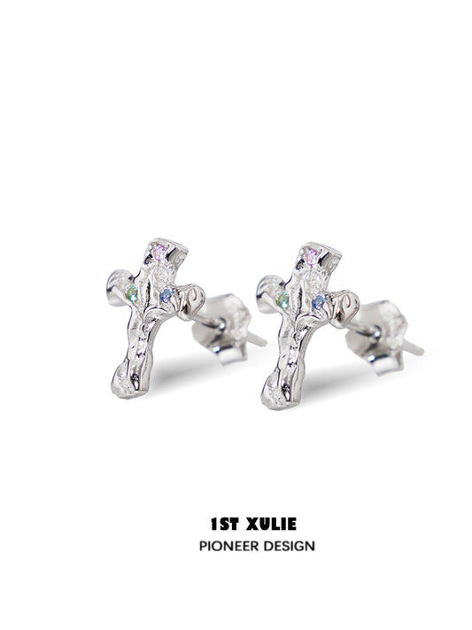 1STXULIE Frozen Cross Zircon Earrings in Silver with Colorful Sparkling Gems