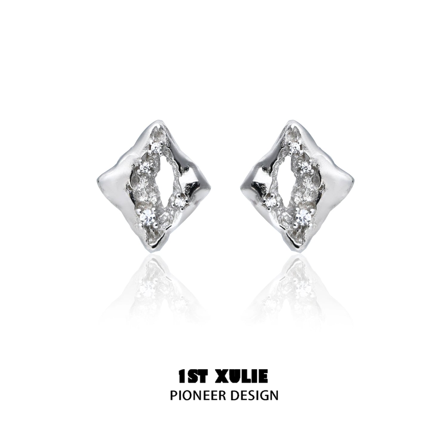 Geometric silver earrings with a unique diamond shape and textured finish for a stylish look