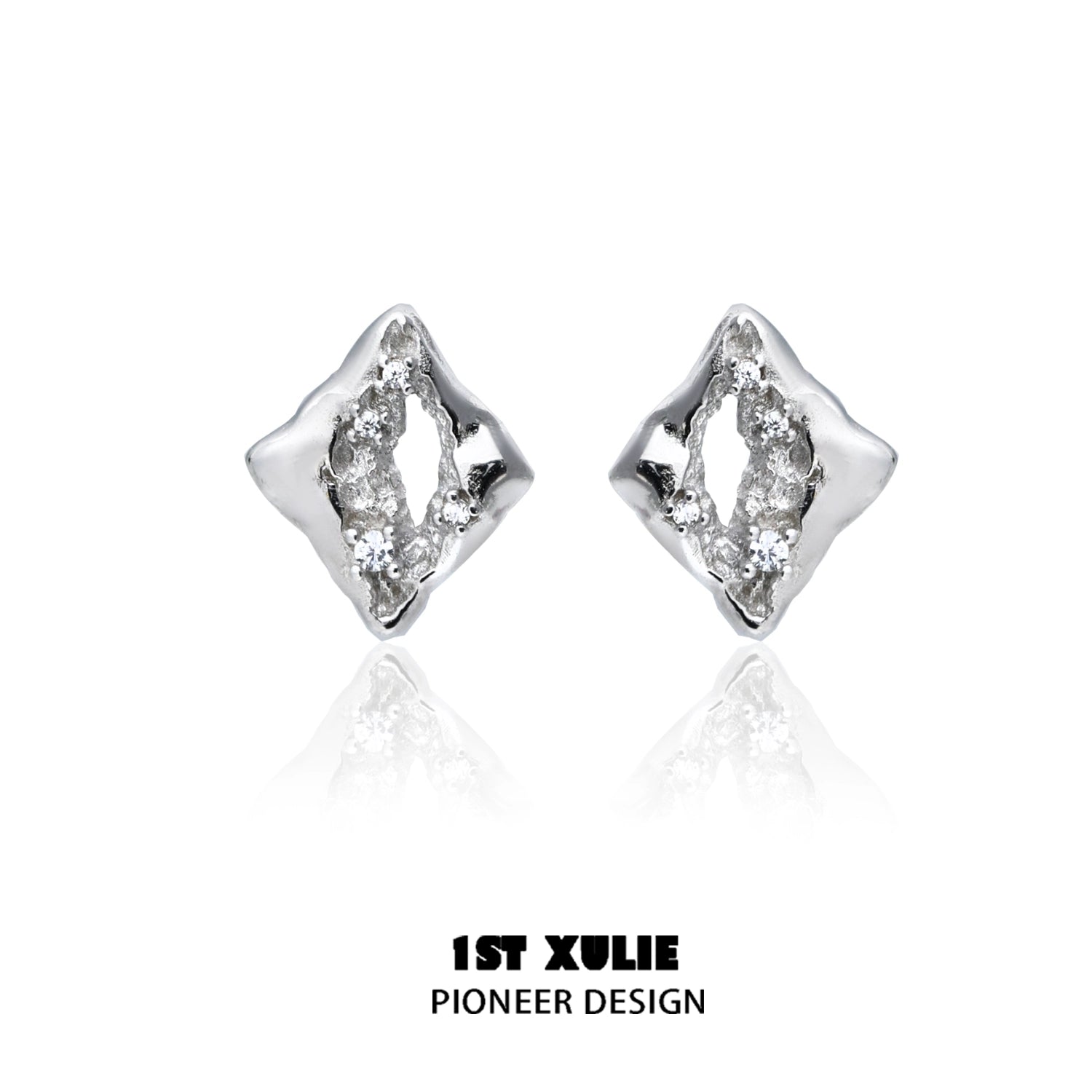 Geometric silver earrings with a unique diamond shape and textured finish for a stylish look