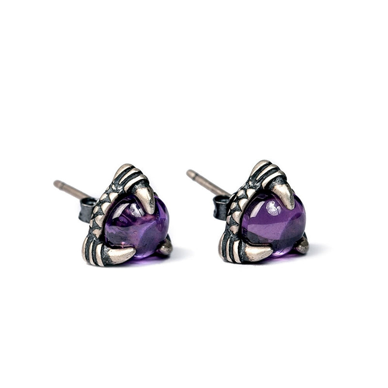 Gothic amethyst stud earrings with claw design for a unique accessory look