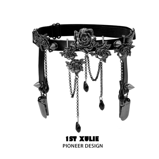 Gothic black rose leg chain with decorative roses and spikes from 1STXULIE for a striking fashion statement