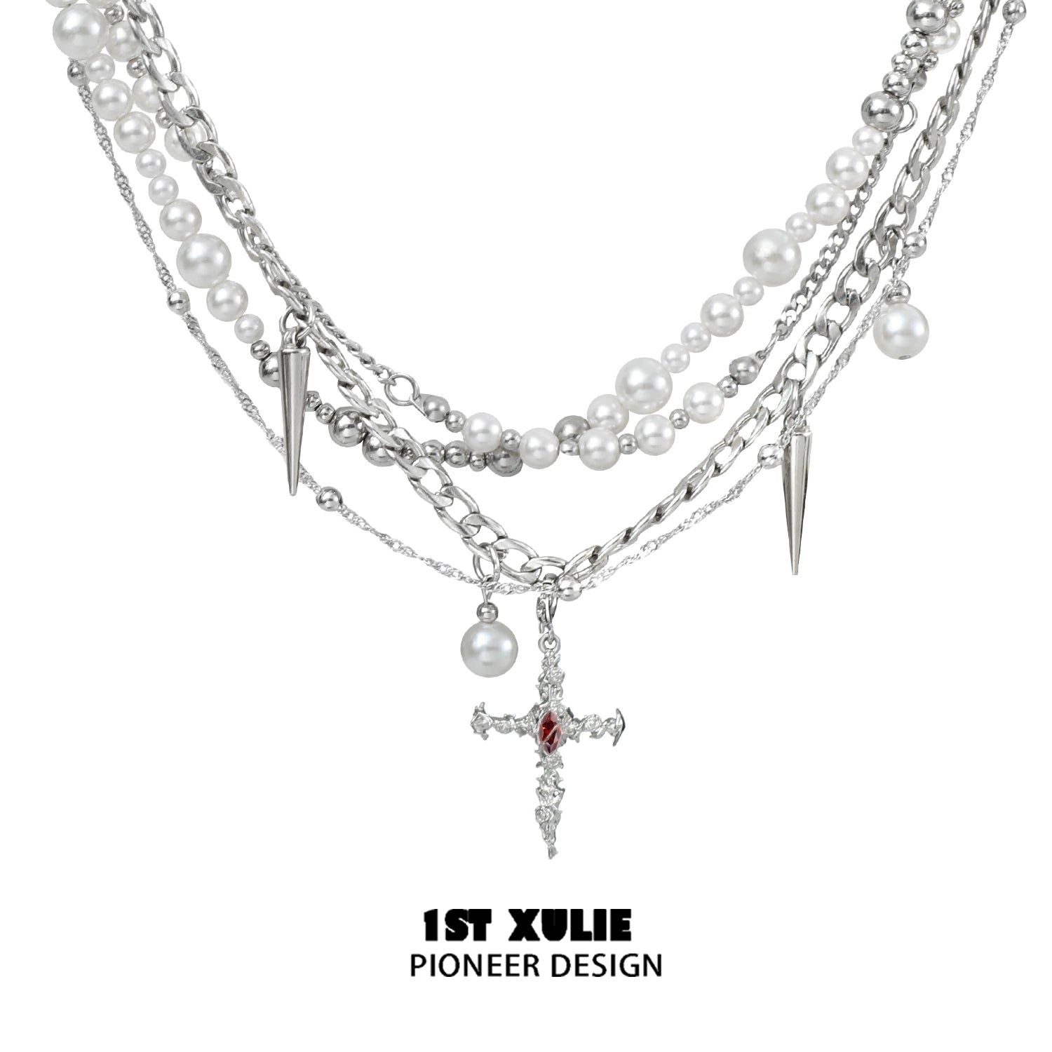 Gothic cross pearl necklace featuring layered strands of pearls and spikes for a unique style