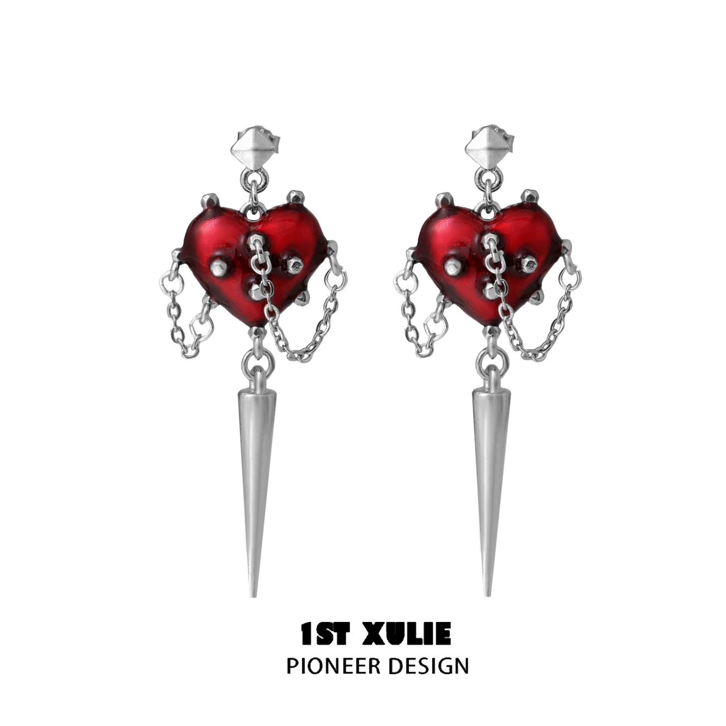 Gothic heart earrings featuring red hearts with chains and pointed silver drop accents