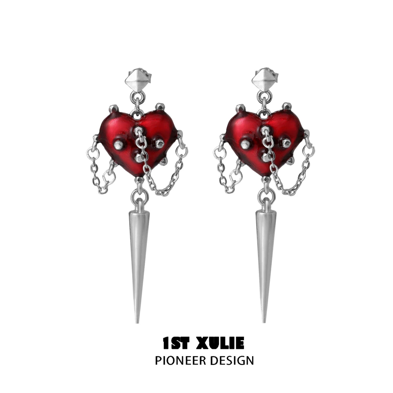 Gothic heart earrings featuring red hearts with chains and pointed silver drop accents