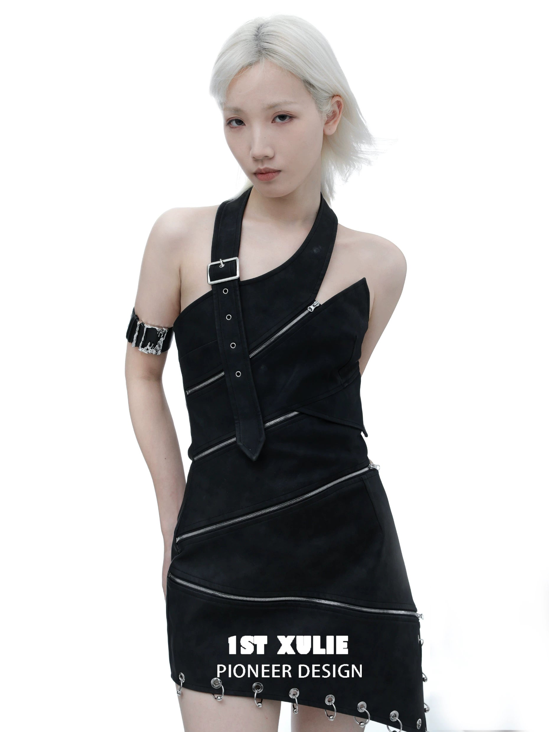 Gothic liquid metal arm bracelet styled with a chic black dress from 1ST XULIE Pioneer Design