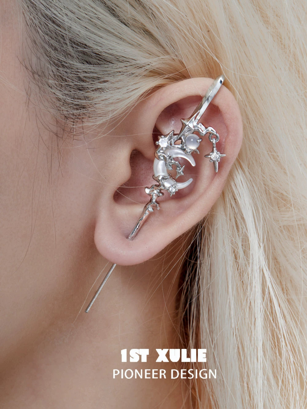 1ST XULIE gothic moon earrings in silver featuring stars and a delicate design for a unique look