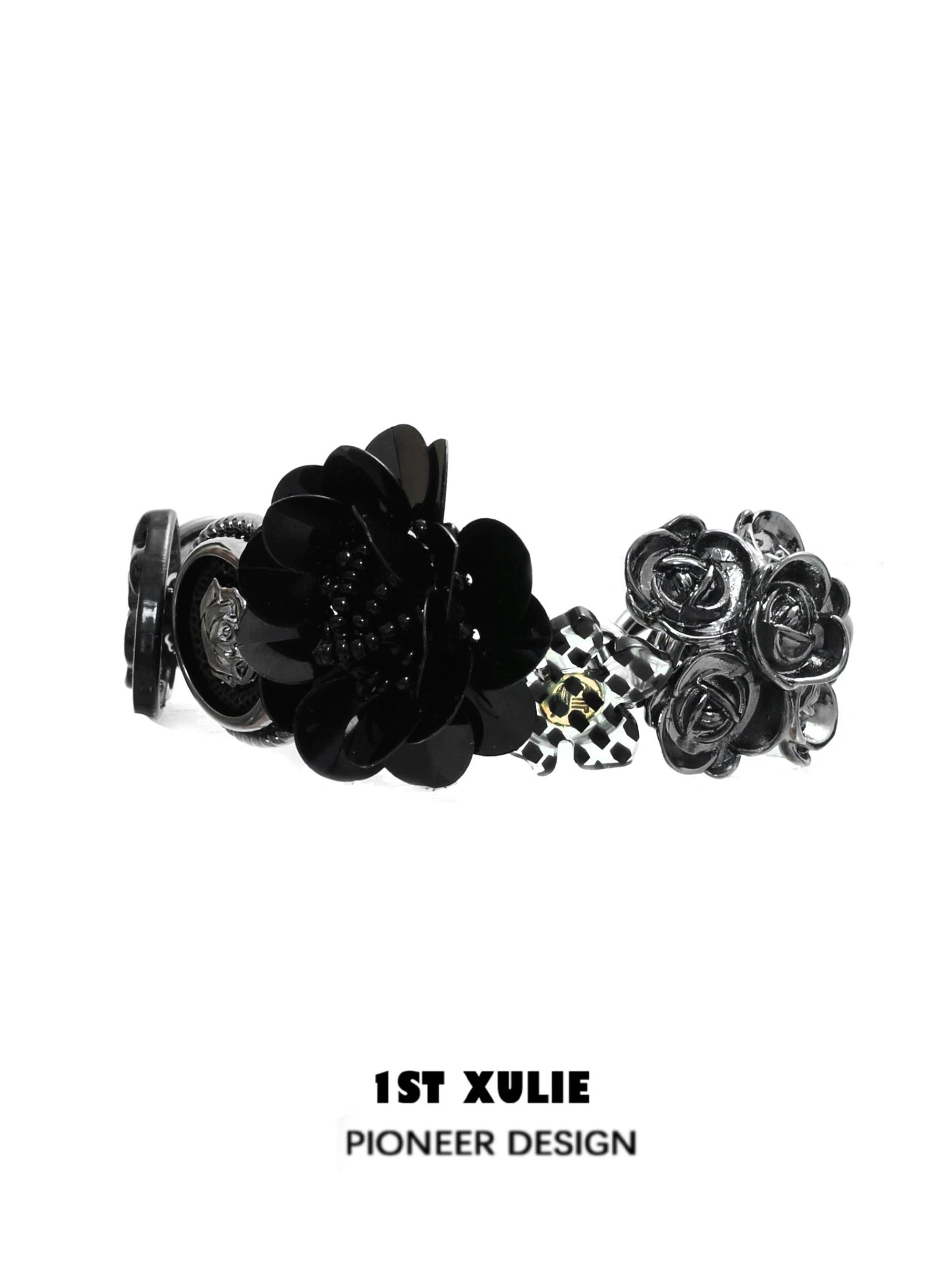 Stylish gothic rose bracelet featuring black floral designs and a unique charm
