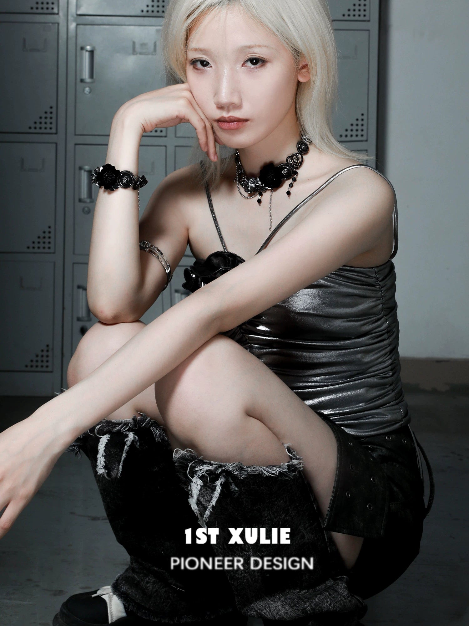 Model wearing gothic rose bracelet paired with gothic-inspired fashion and accessories