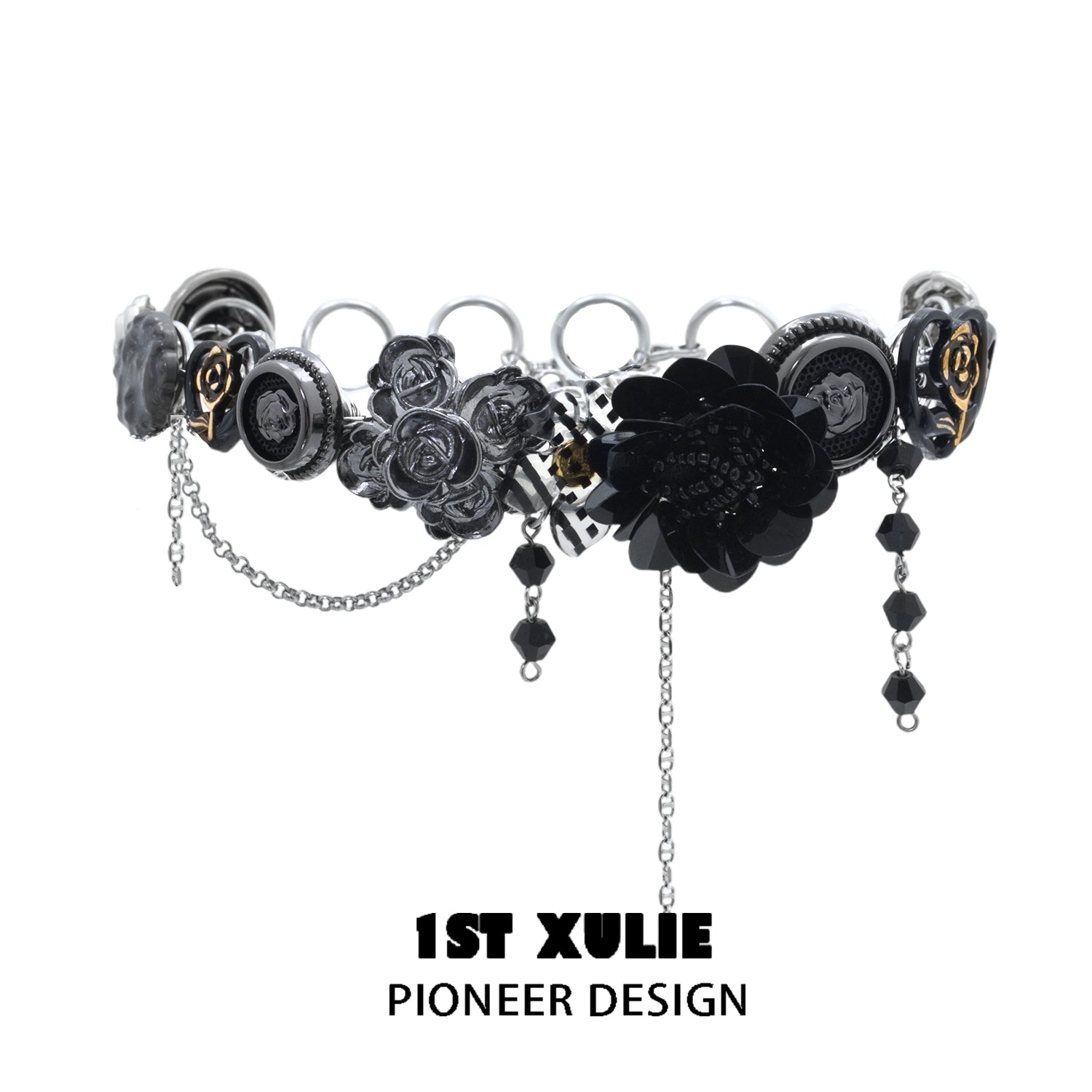 Gothic rose clavicle necklace by 1ST XULIE featuring black floral designs and chains