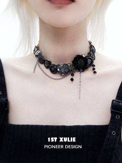 Gothic rose clavicle necklace by 1ST XULIE featuring ornate floral designs and chains
