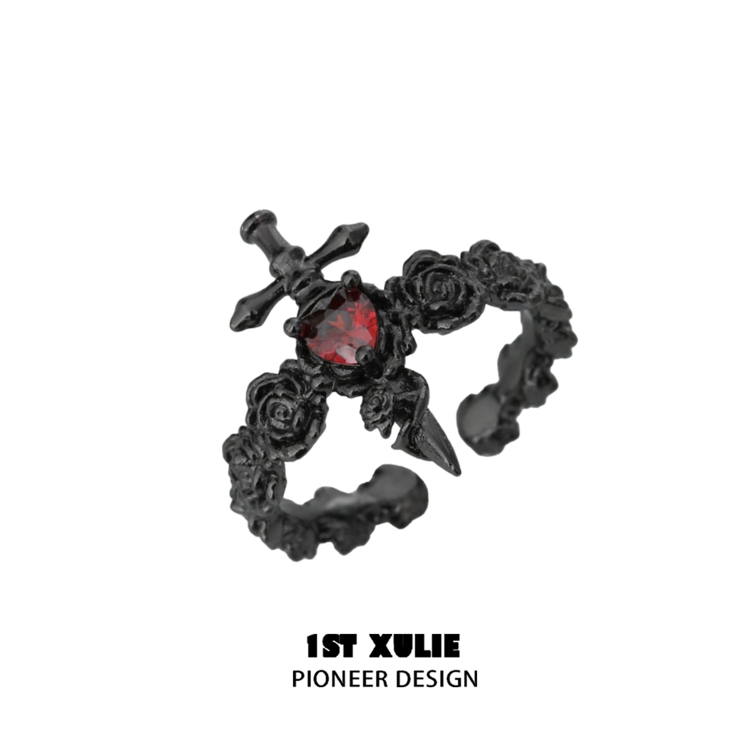 1ST XULIE gothic rose couple rings featuring a black design with a red gemstone and floral details